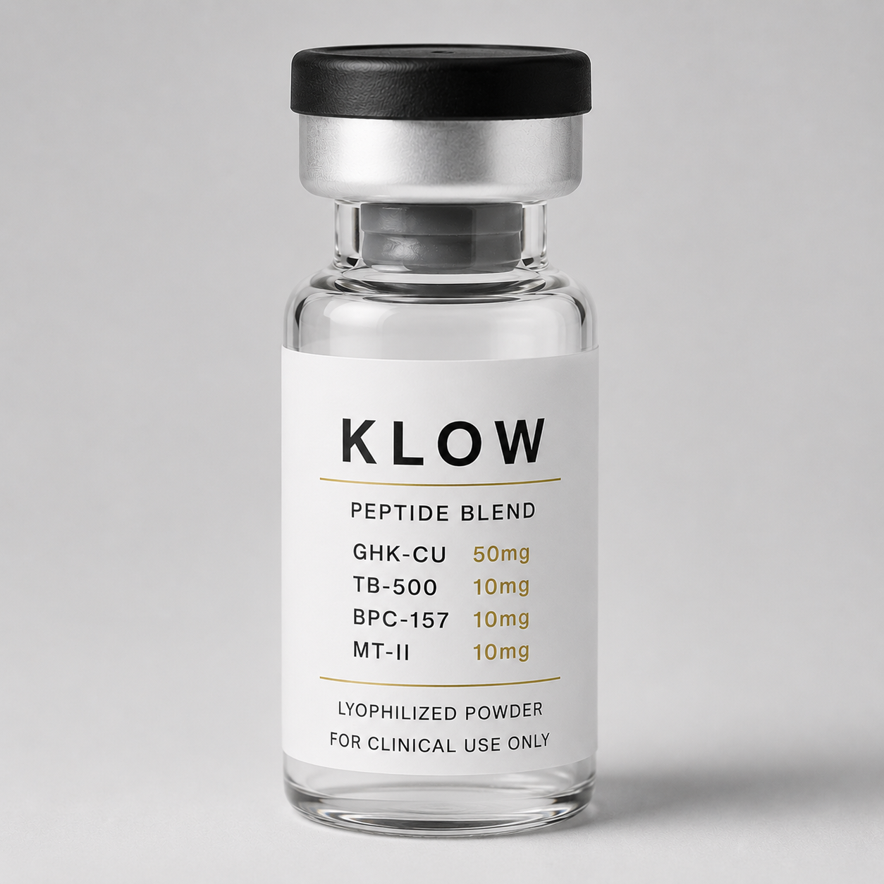 Clinical-use KLOW peptide blend vial containing GHK-Cu, TB-500, BPC-157, and MT-II for physician-guided skin rejuvenation and healthy aging programs.