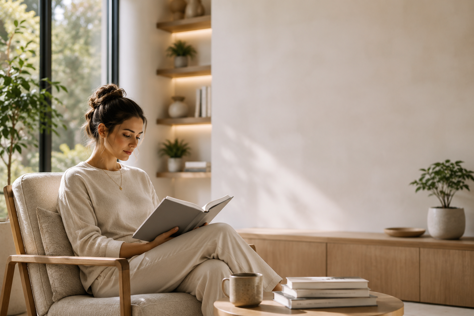 Woman reading in a bright, modern wellness-inspired living space, representing health education, lifelong learning, and informed wellness decisions.