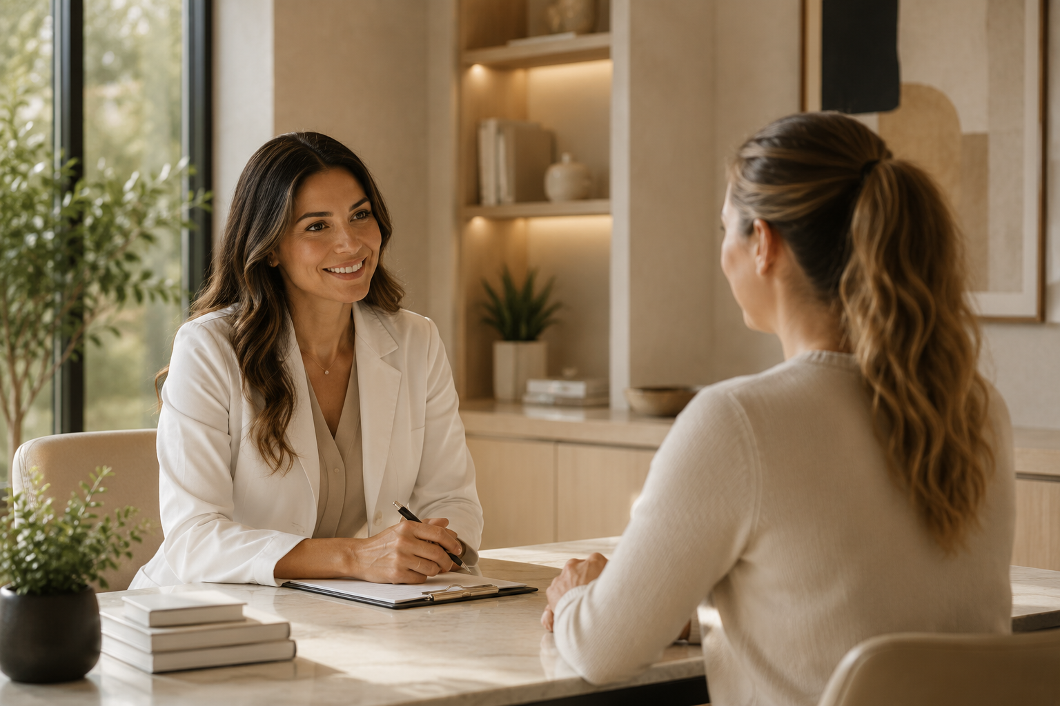 Healthcare provider consulting with a patient in a modern wellness clinic, representing personalized physician-guided care and wellness planning.