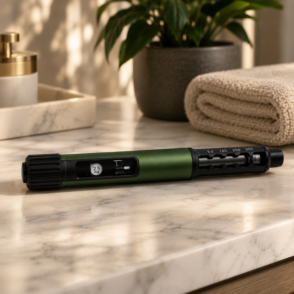 Premium forest green injection pen displayed on a marble countertop in a modern wellness setting, representing the Life Upgraded Sculpt personalized weight management program.