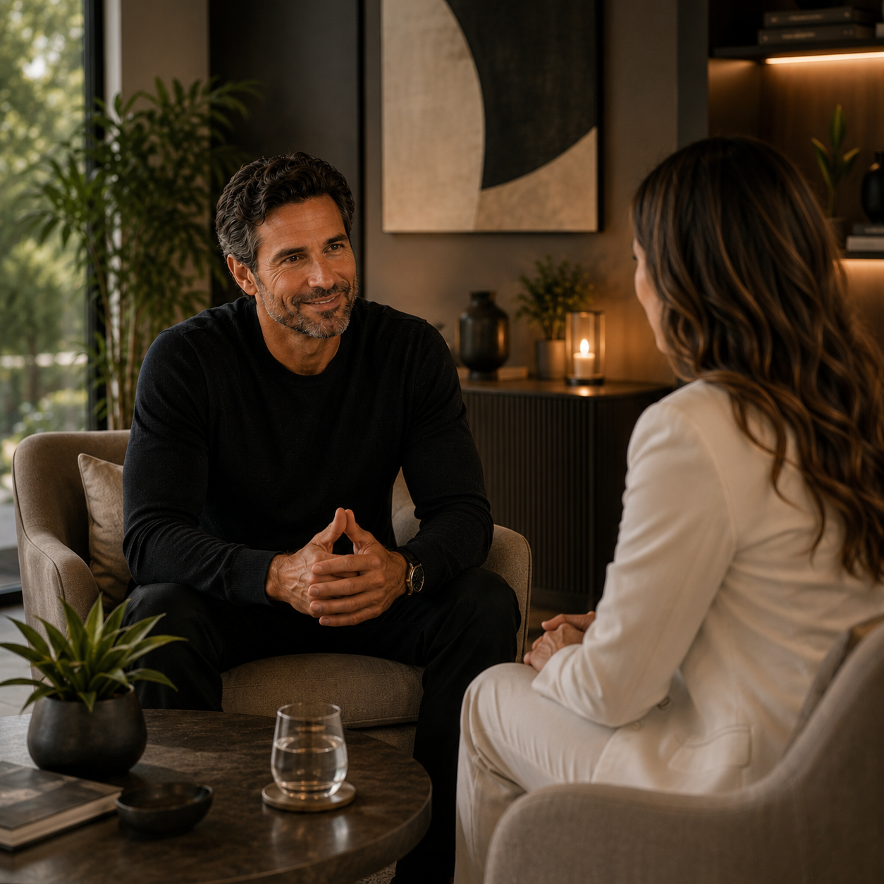 Man meeting with a wellness provider in a modern concierge-style consultation, representing personalized sexual wellness, confidence, intimacy, and the Life Upgraded Spark Program.