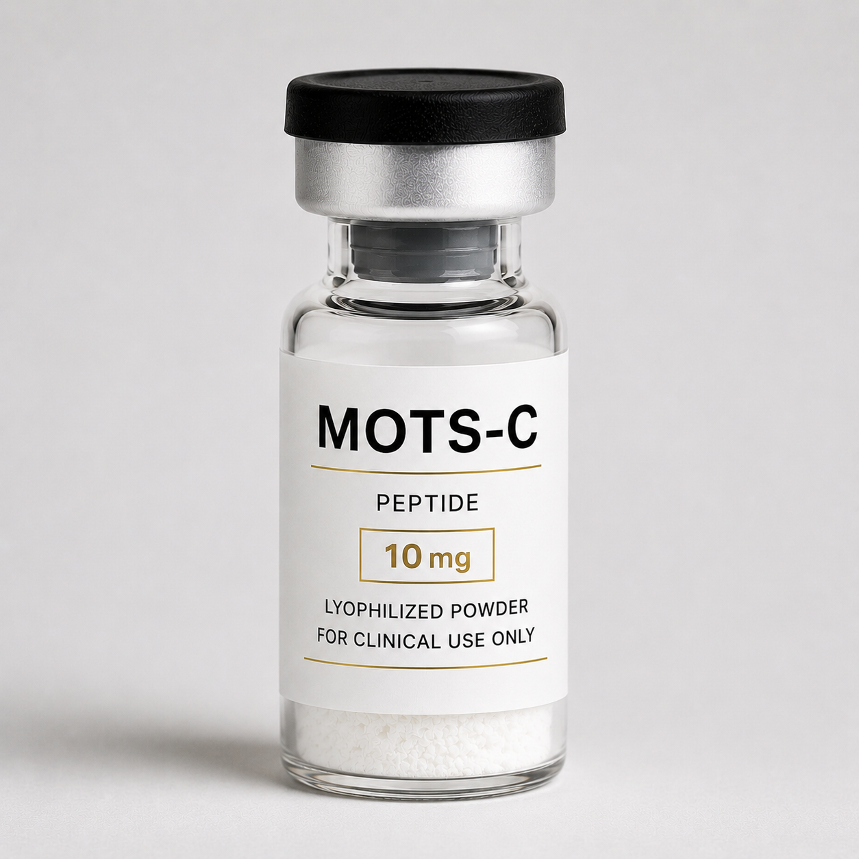 Clinical-use MOTS-c 10 mg lyophilized powder vial used in physician-guided recovery, metabolic health, and cellular wellness programs.