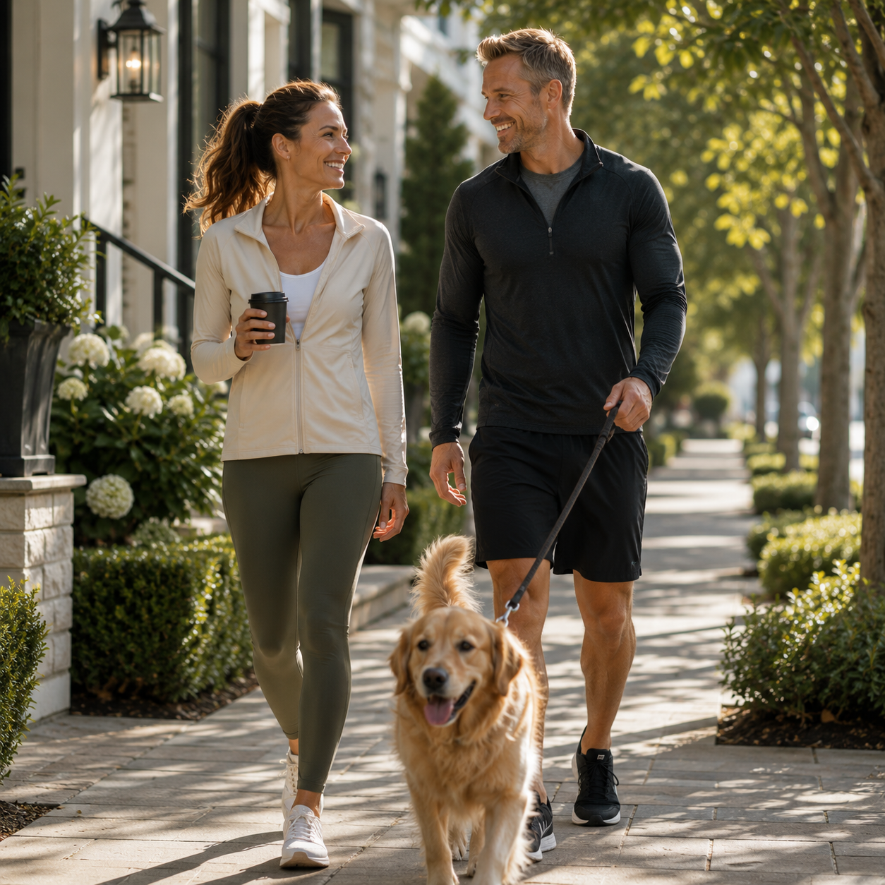 Healthy couple in their 30s–40s enjoying a morning walk with their golden retriever in a tree-lined neighborhood, representing renewed energy, vitality, healthy aging, and everyday wellness.