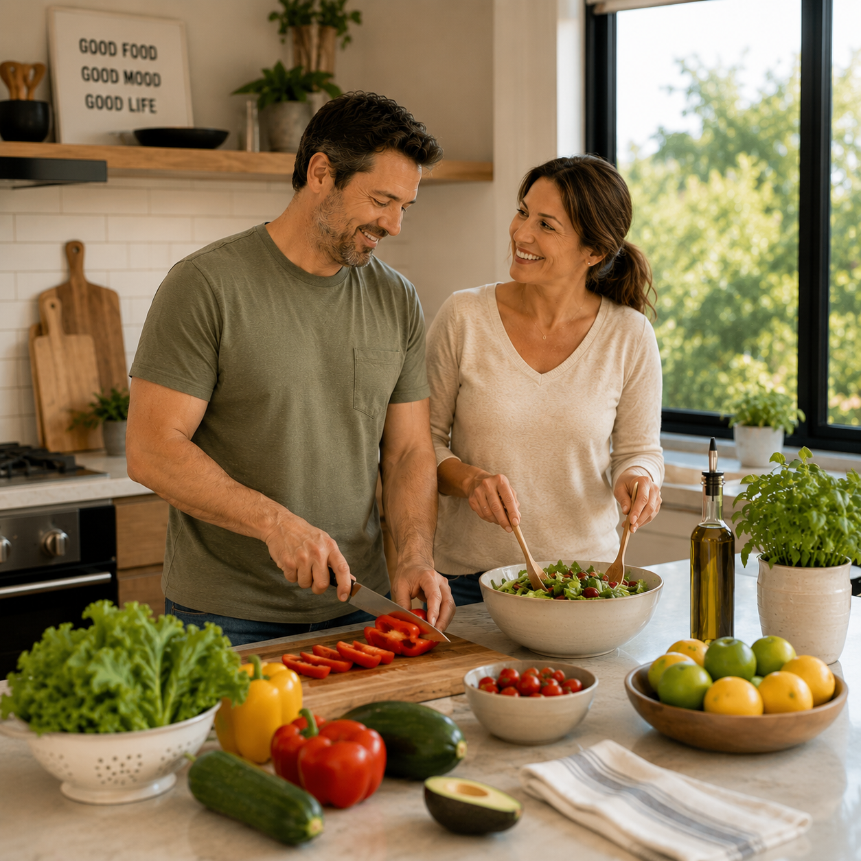 Healthy couple in their 30s–40s preparing a fresh meal together in a modern kitchen, representing sustainable weight management, healthy habits, and long-term wellness.
