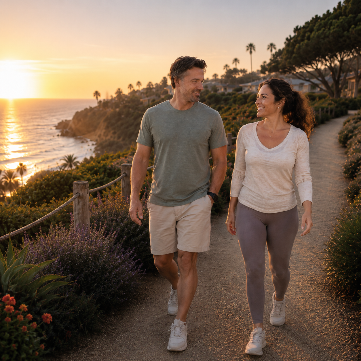 A healthy couple in their 30s–40s enjoying a sunset walk along a coastal trail after achieving their weight loss and wellness goals through a healthy lifestyle.