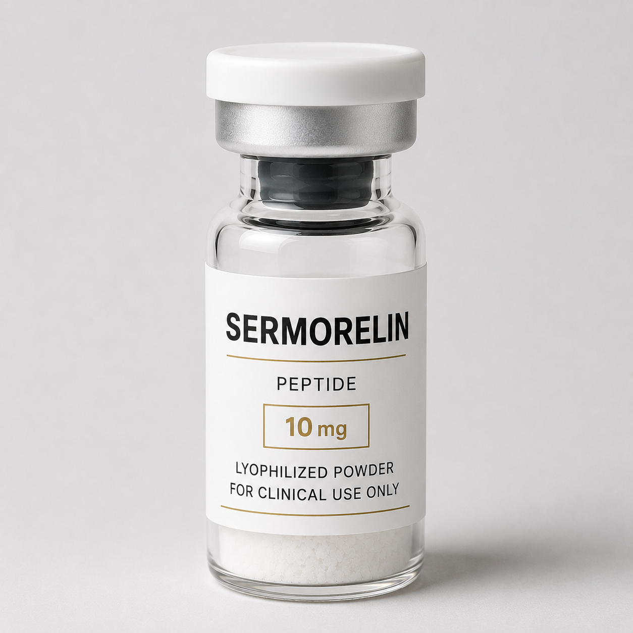 Clinical-use Sermorelin 10 mg lyophilized powder vial used in physician-guided performance, recovery, healthy aging, and wellness programs.
