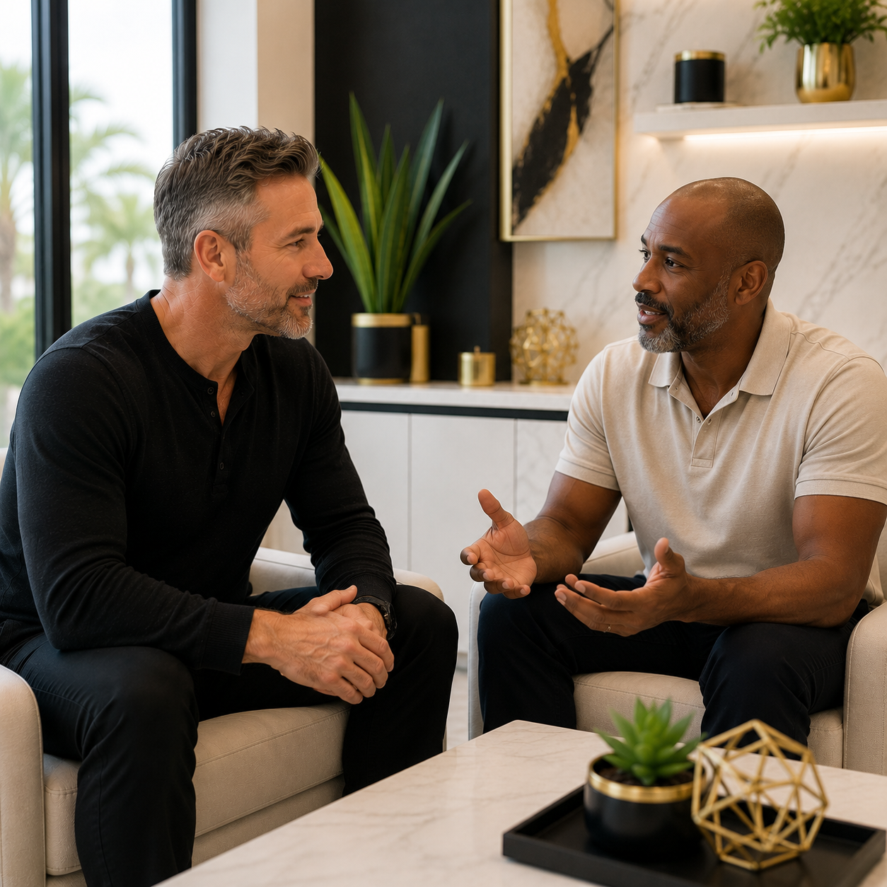 Medical provider discussing a personalized testosterone replacement therapy treatment plan with a patient during a relaxed wellness consultation in a modern clinic.