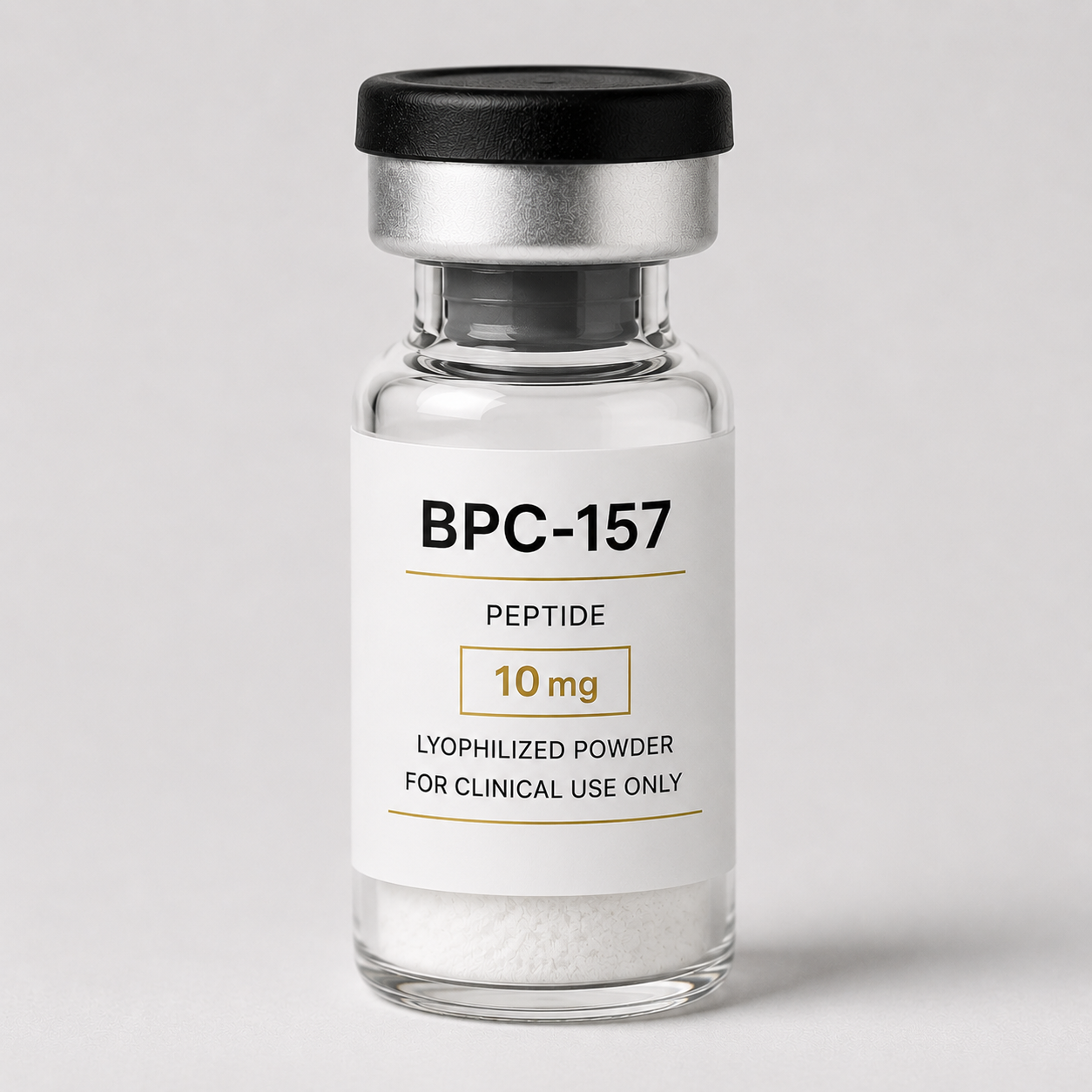 Clinical-use BPC-157 10 mg lyophilized powder vial used in physician-guided recovery, tissue repair, and musculoskeletal wellness programs.