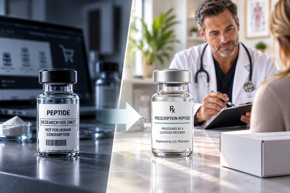 Research Use Only peptide vial compared with prescription peptide therapy through a licensed medical provider and U.S. pharmacy