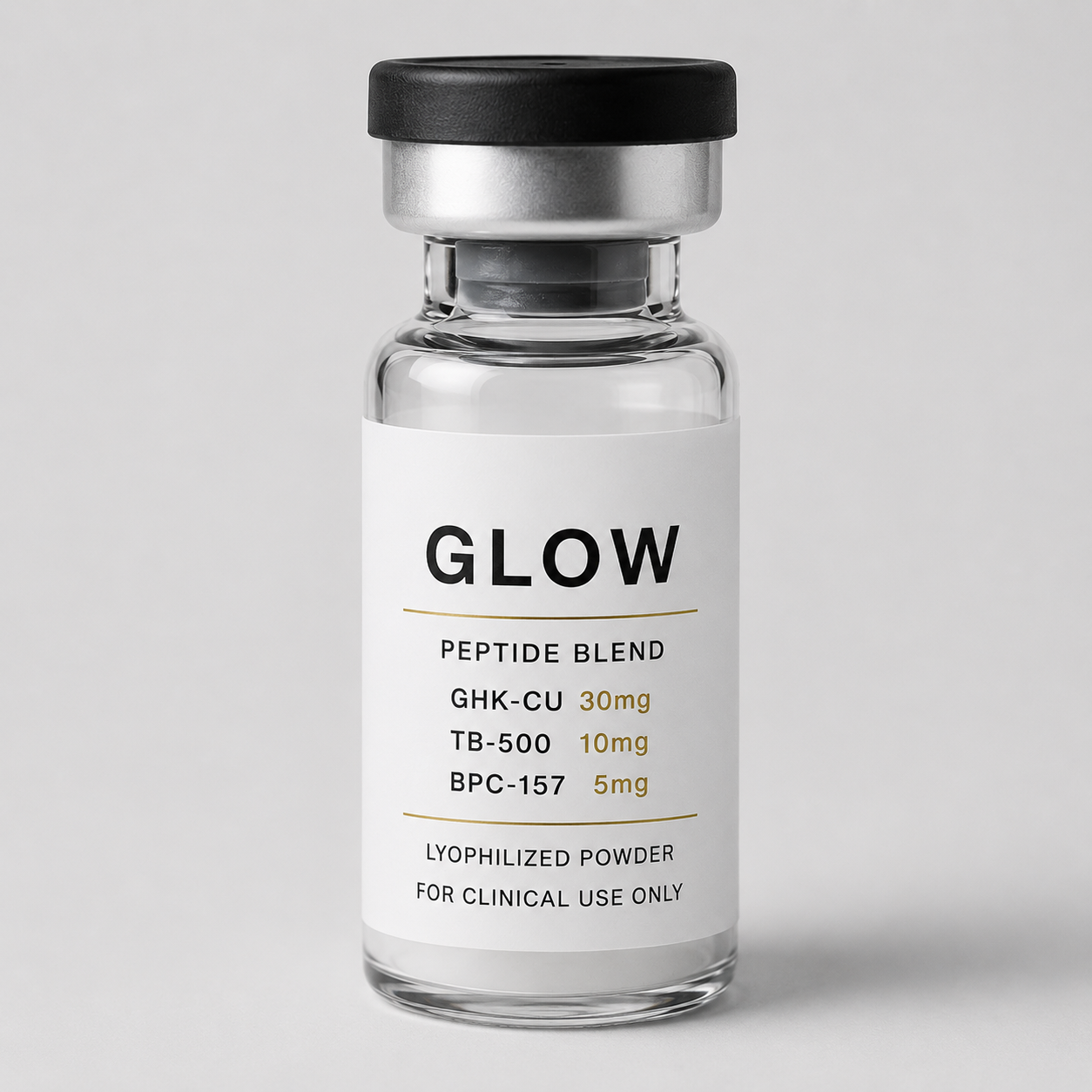 Clinical-use GLOW peptide blend vial containing GHK-Cu, TB-500, and BPC-157 for physician-guided skin rejuvenation and wellness programs.