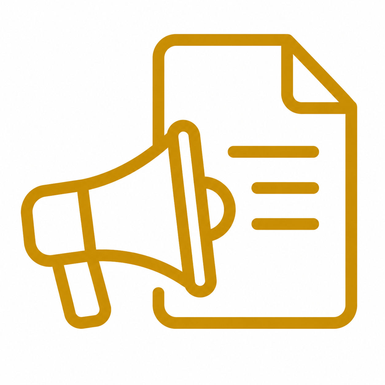 Gold outline icon of a megaphone and document representing marketing resources and promotional materials for healthcare providers.