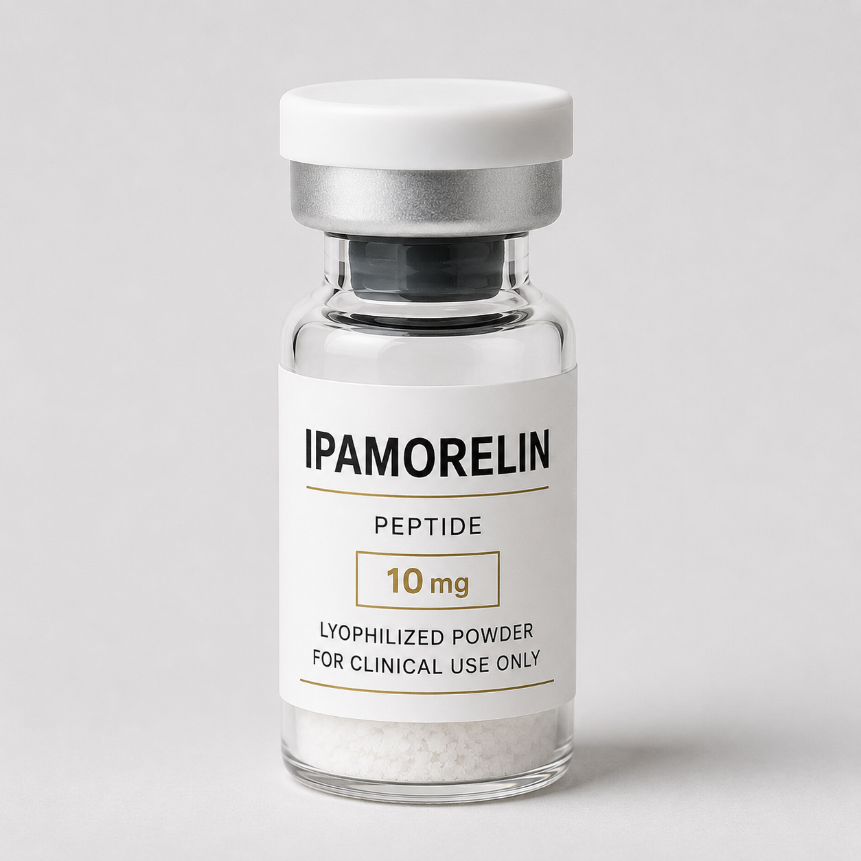 Clinical-use Ipamorelin 10 mg lyophilized powder vial used in physician-guided performance, recovery, muscle support, and healthy aging programs.
