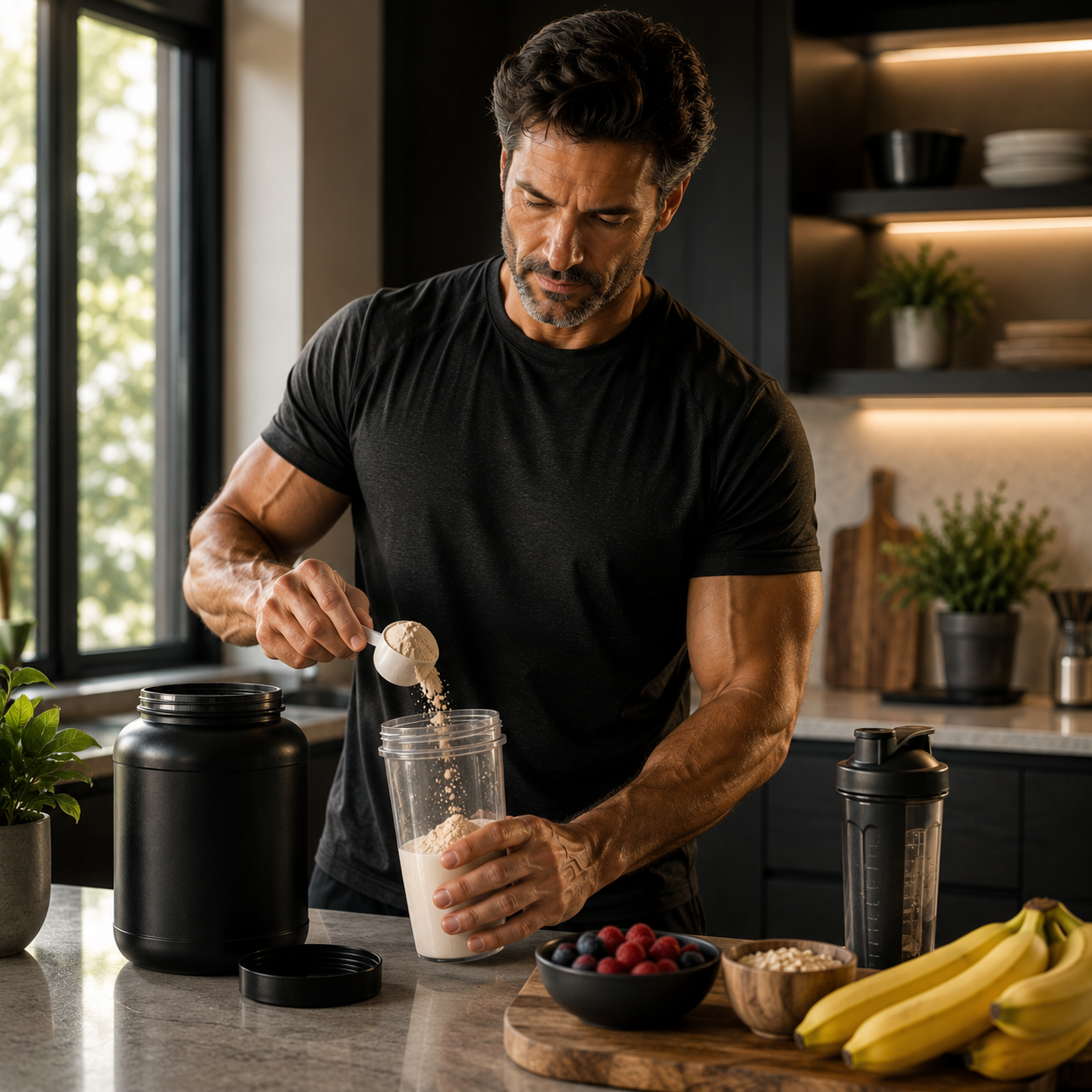 Athletic man in his 40s preparing a protein shake in a modern kitchen, representing performance nutrition, muscle recovery, and the Life Upgraded Forge Program.