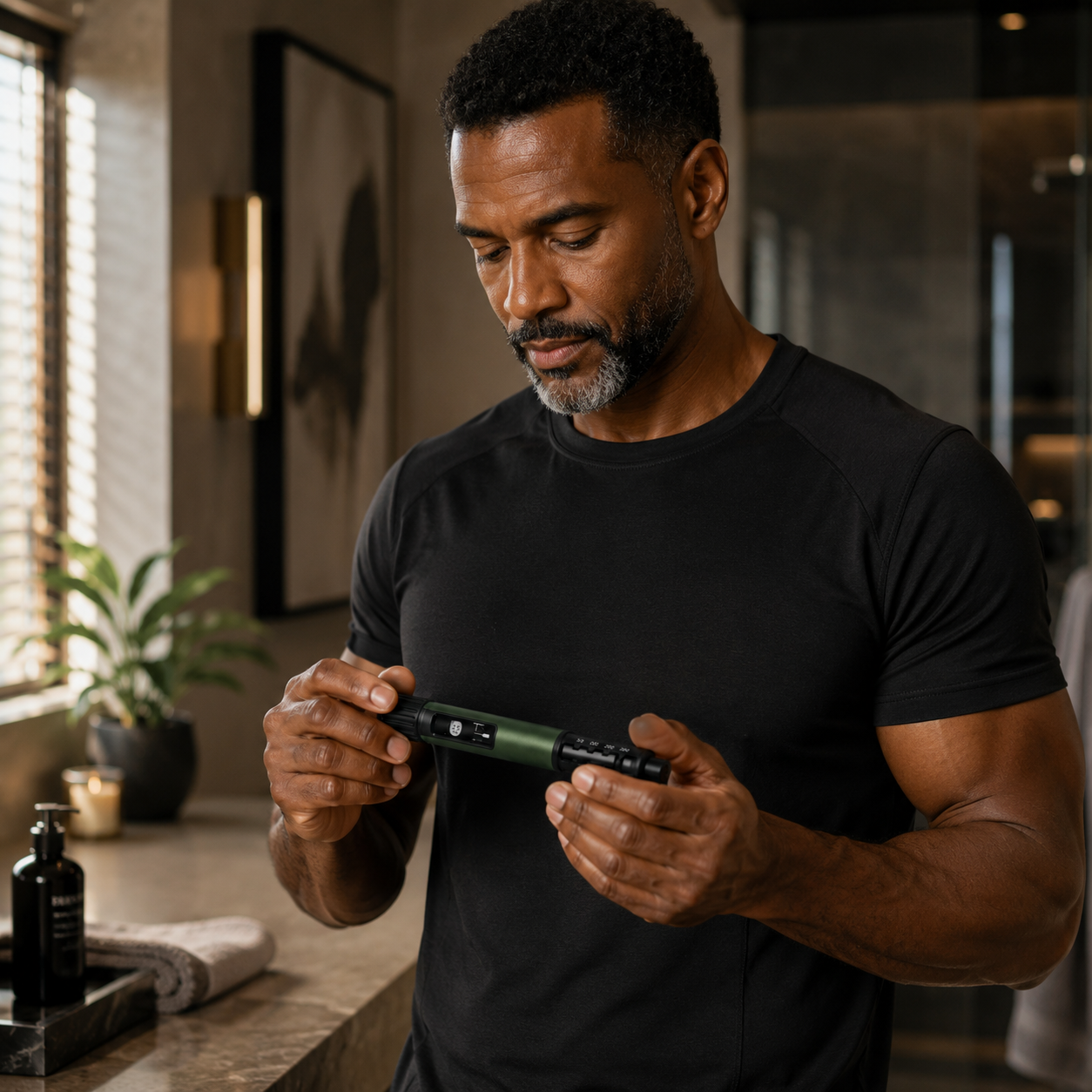 Athletic Black man in his 40s adjusting a premium injection pen in a luxury bathroom, representing personalized performance therapy, recovery, strength, and the Life Upgraded Forge Program.
