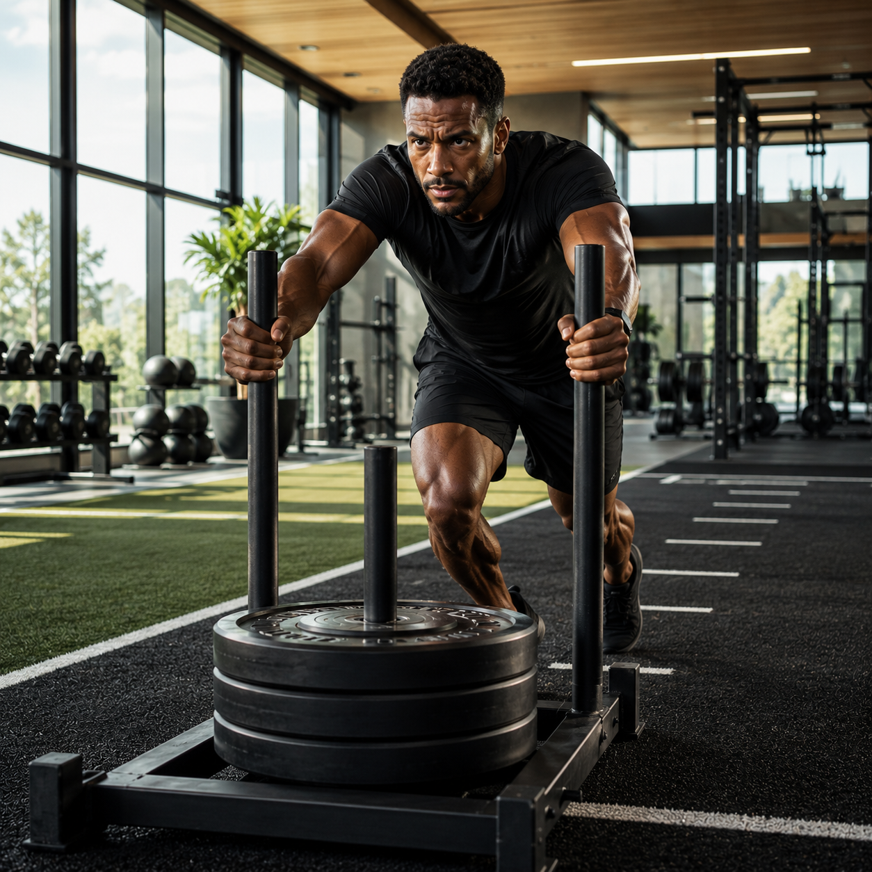 Athletic man performing a sled push in a modern performance training facility representing the Life Upgraded Forge wellness program for strength, recovery, and performance.