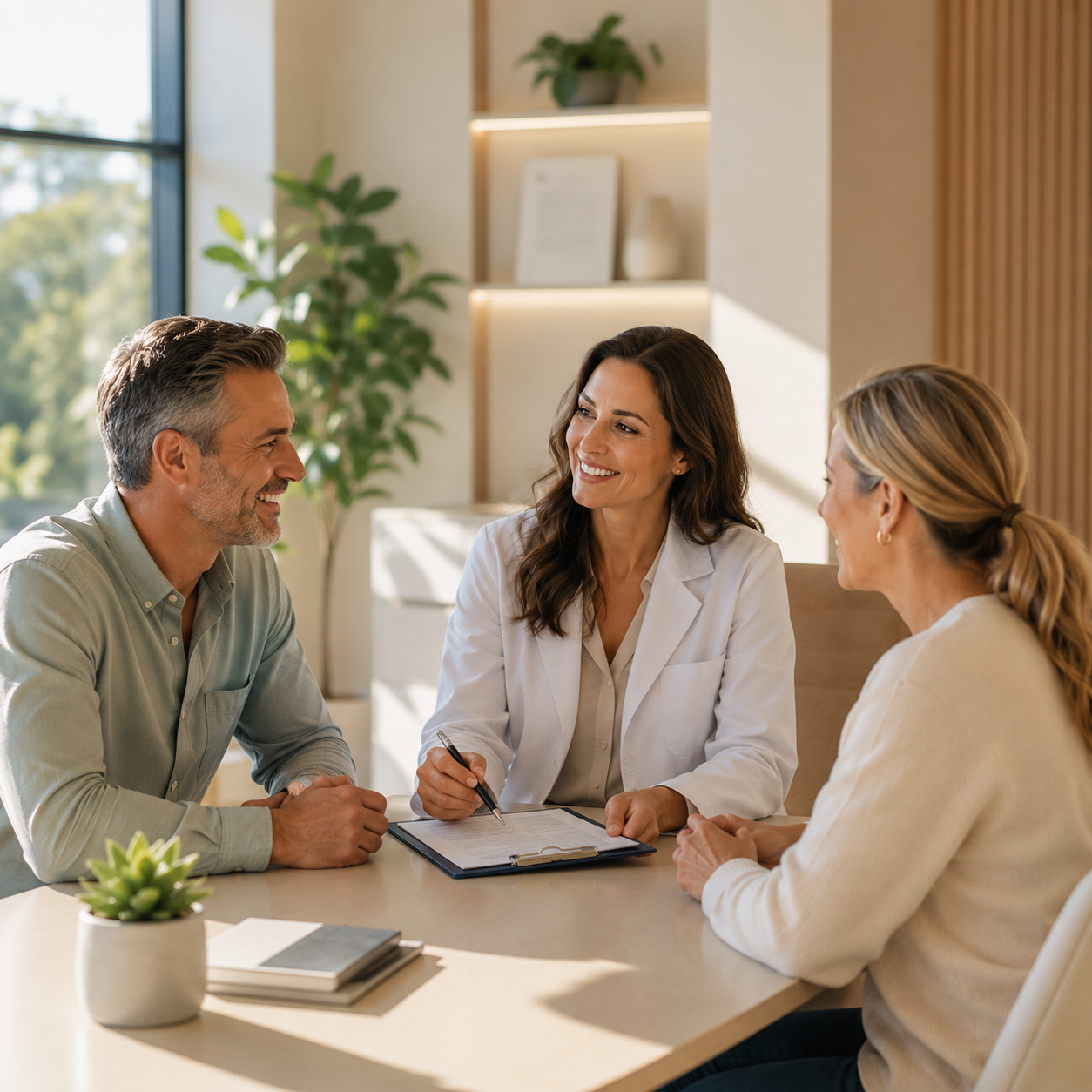 Licensed healthcare provider meeting with a couple in a bright, modern wellness clinic to create a personalized treatment plan based on their health goals.