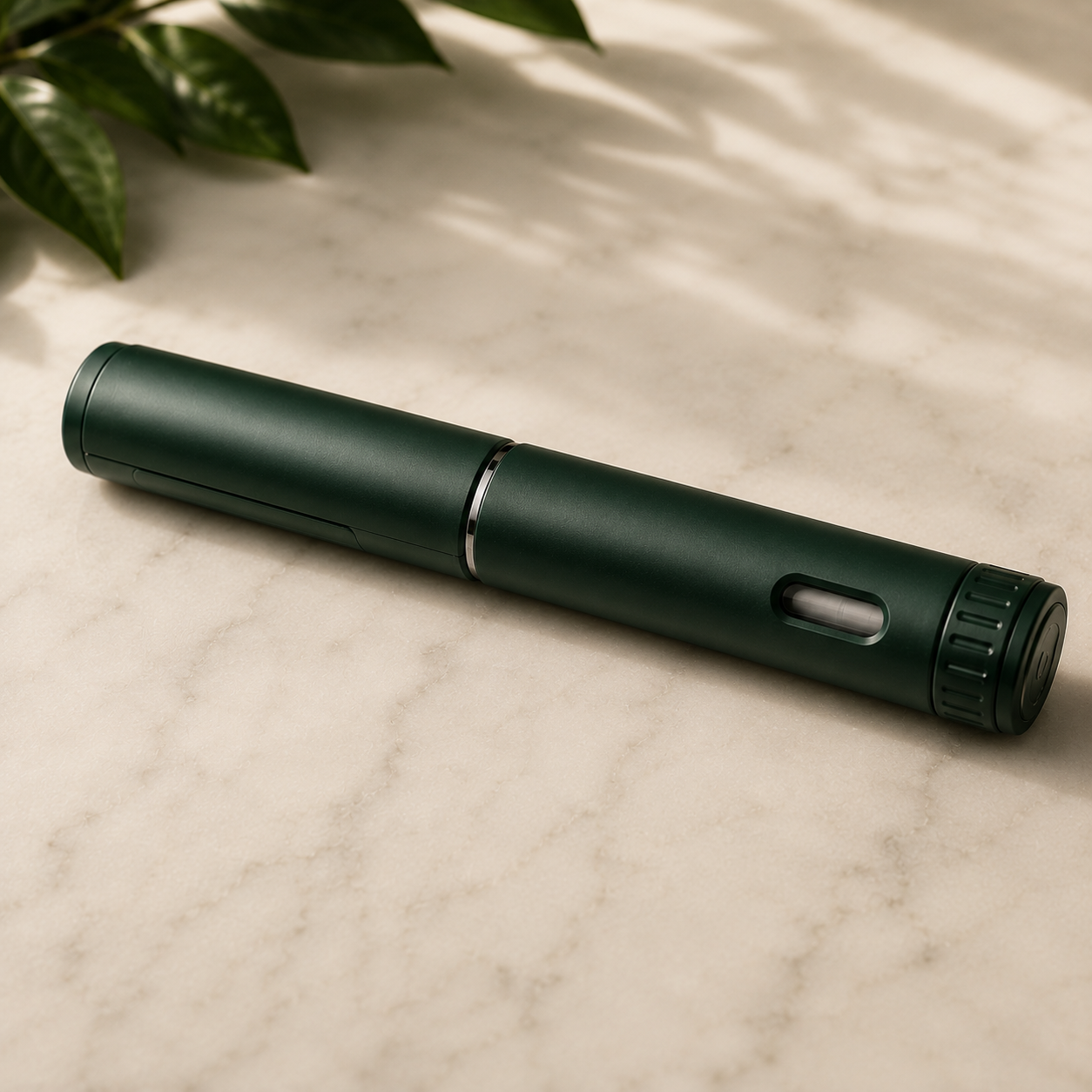 Premium forest-green precision dosing injection pen displayed on a light marble surface, representing the convenient, ready-to-use wellness experience provided by Life Upgraded.