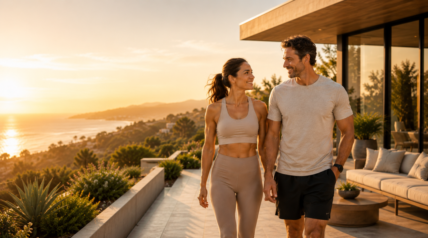 Healthy couple enjoying a premium wellness lifestyle at a modern home during golden hour, representing confidence, vitality, and sustainable health.
