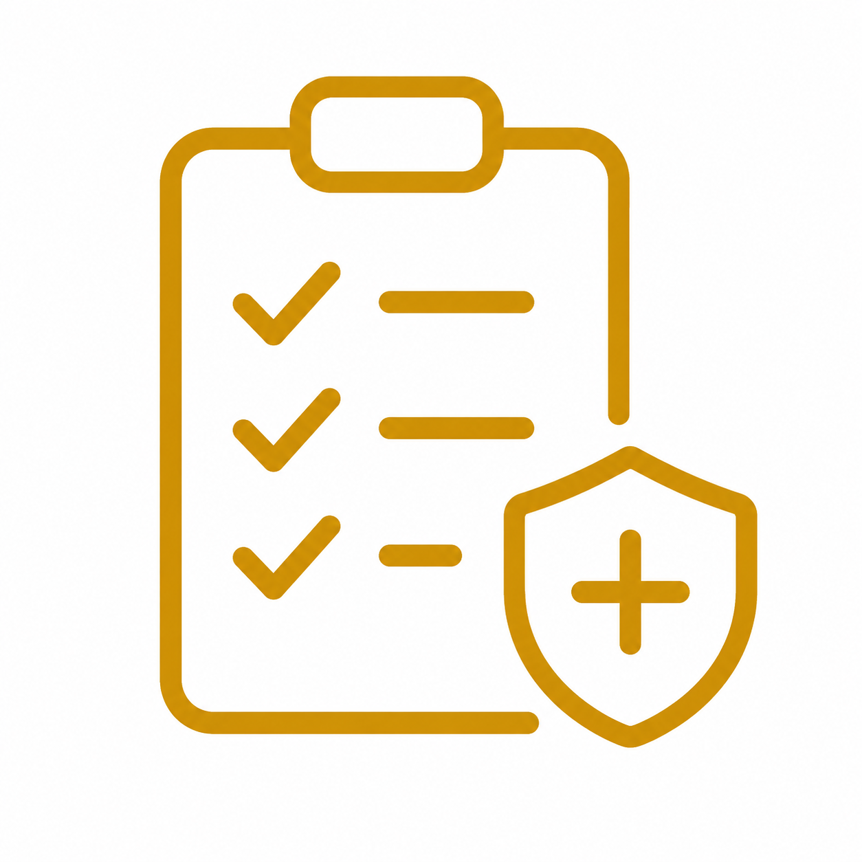 Gold outline icon of a clipboard with a checklist and medical shield representing professionally designed wellness programs.