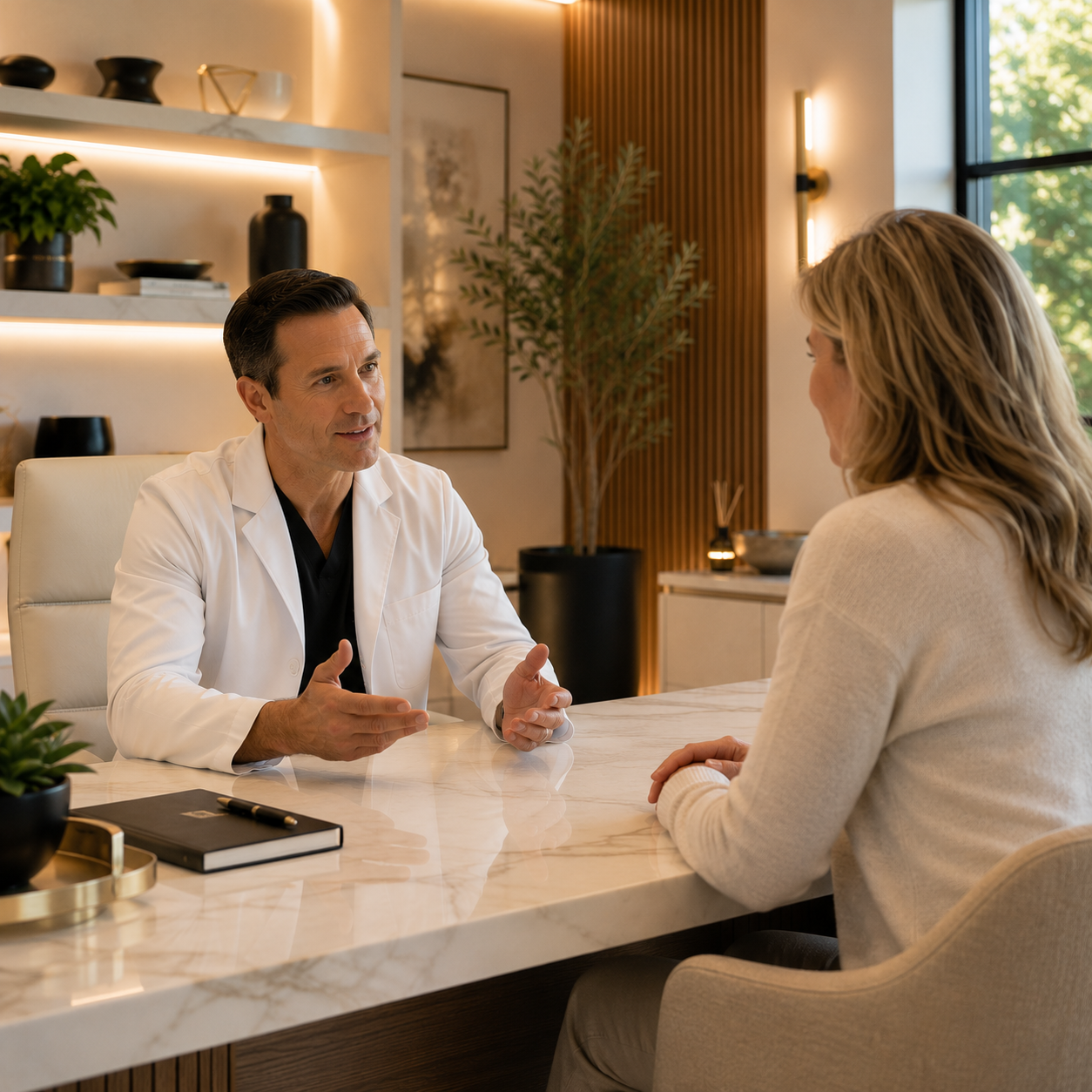 Healthcare provider consulting with a patient in a modern wellness clinic, showcasing a professional consultation in a bright, upscale medical office.