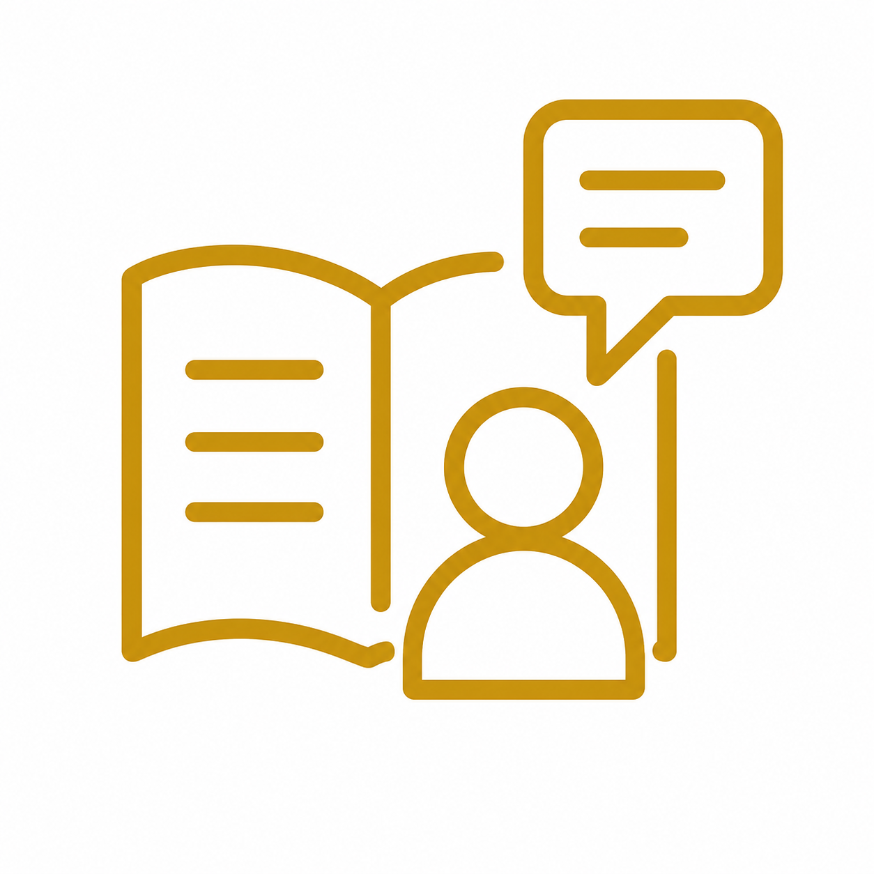 Gold outline icon representing patient education with an open book, person, and speech bubble on a white background.