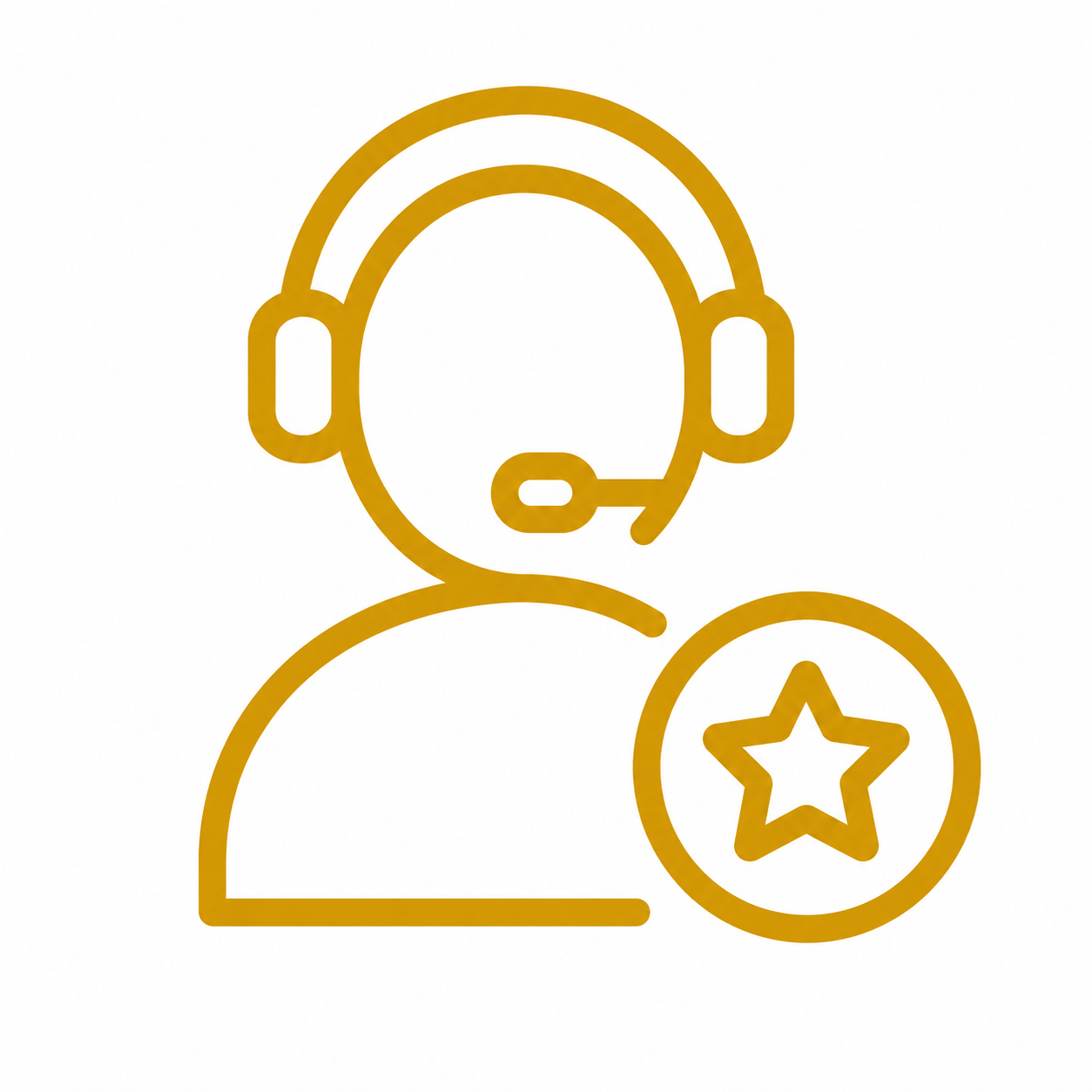 Gold outline icon of a customer support representative with a headset and star badge representing provider support and ongoing assistance.