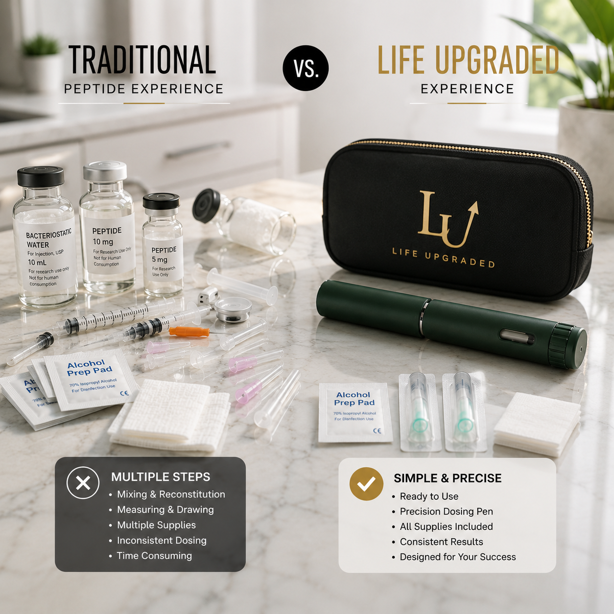 Side-by-side comparison of a traditional peptide setup with multiple supplies and preparation steps versus a simplified precision dosing pen system, illustrating the convenience and streamlined wellness experience of Life Upgraded.