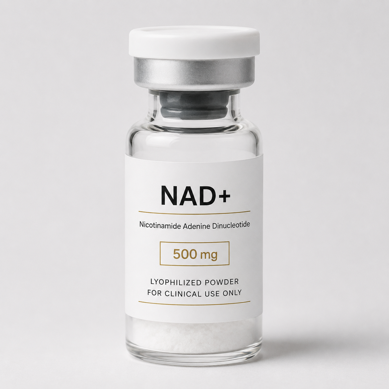 Clinical-use NAD+ 500 mg lyophilized powder vial used in physician-guided healthy aging, cellular energy, and wellness programs.