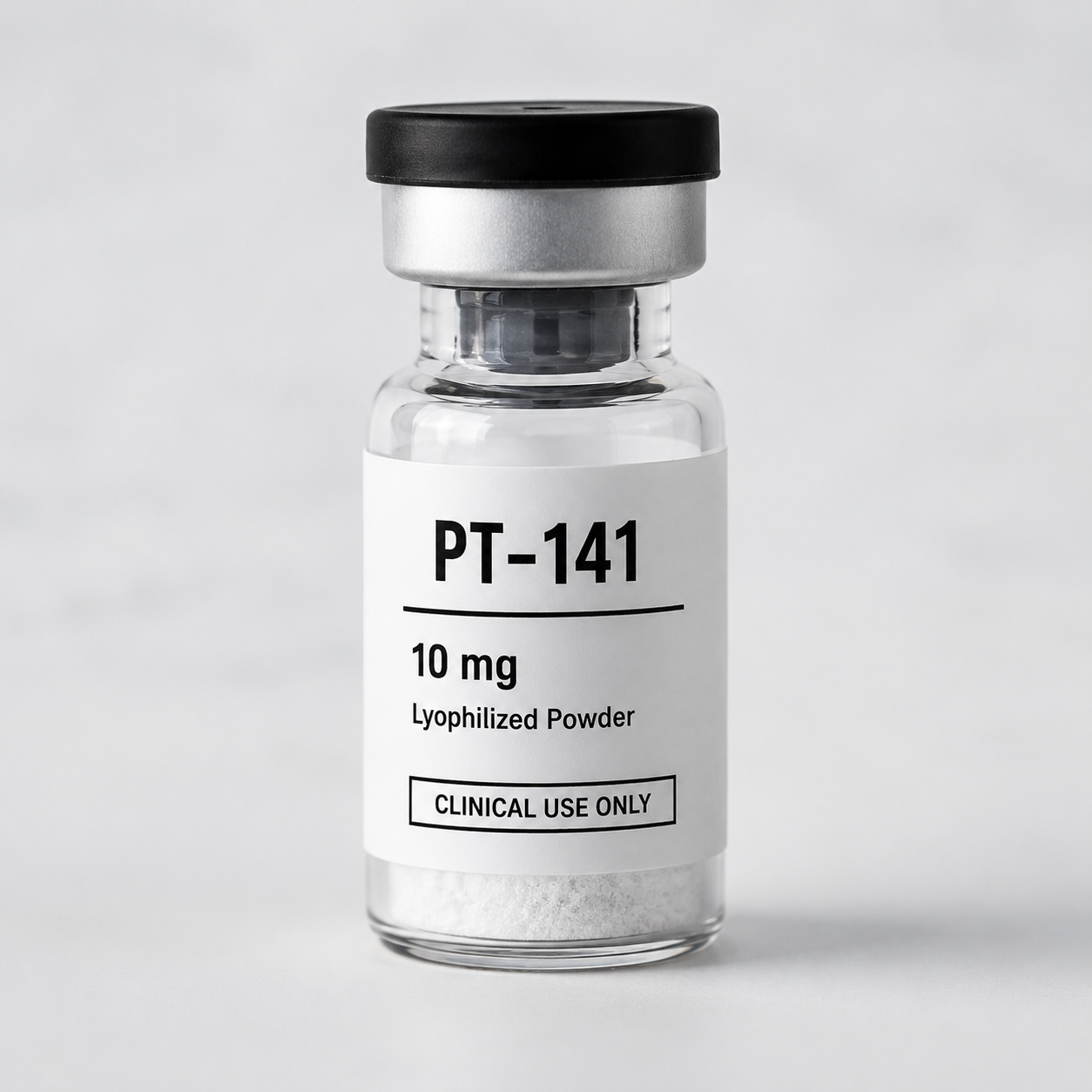 Clinical-use PT-141 10 mg lyophilized powder vial used in physician-guided sexual wellness programs.