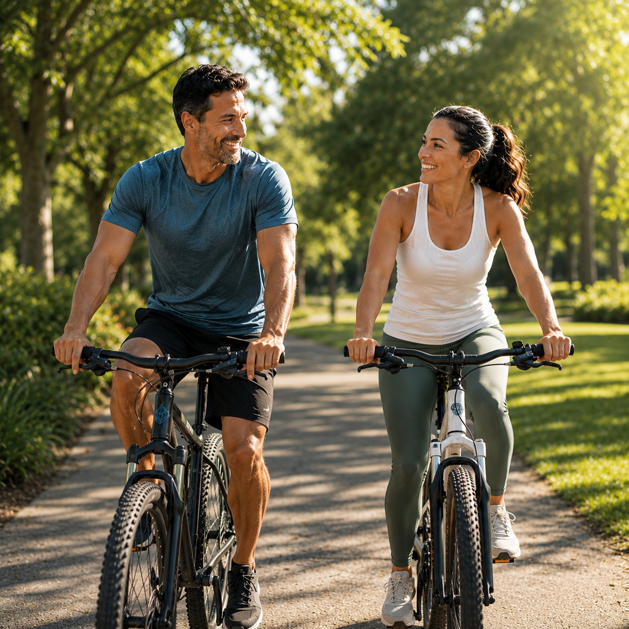 Healthy couple in their 30s–40s enjoying a bicycle ride through a tree-lined park, representing improved mobility, recovery, and an active lifestyle.