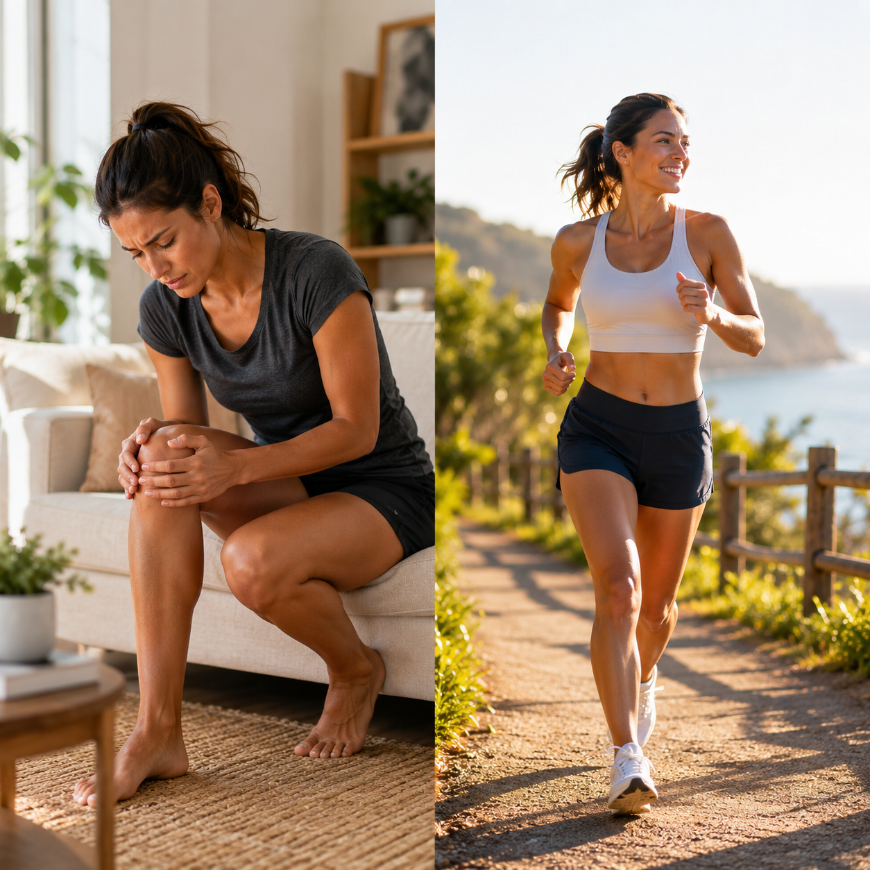 Before-and-after lifestyle image of a woman in her late 30s transitioning from knee discomfort and limited mobility at home to confidently enjoying an active outdoor walk, representing improved mobility, recovery, and an active lifestyle through the Recover program.