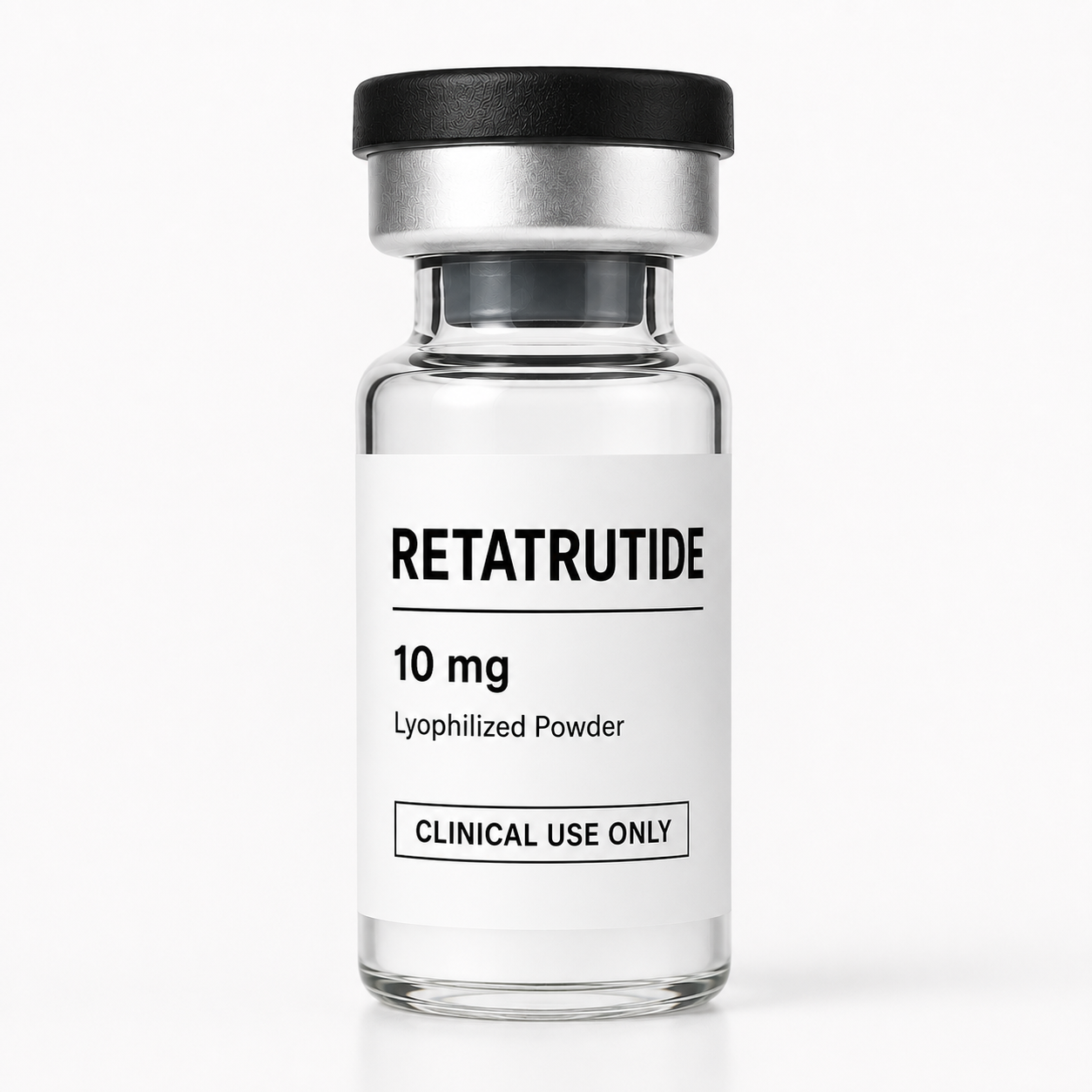 Clinical-use Retatrutide 10 mg lyophilized powder vial used in physician-guided weight management and metabolic health programs.