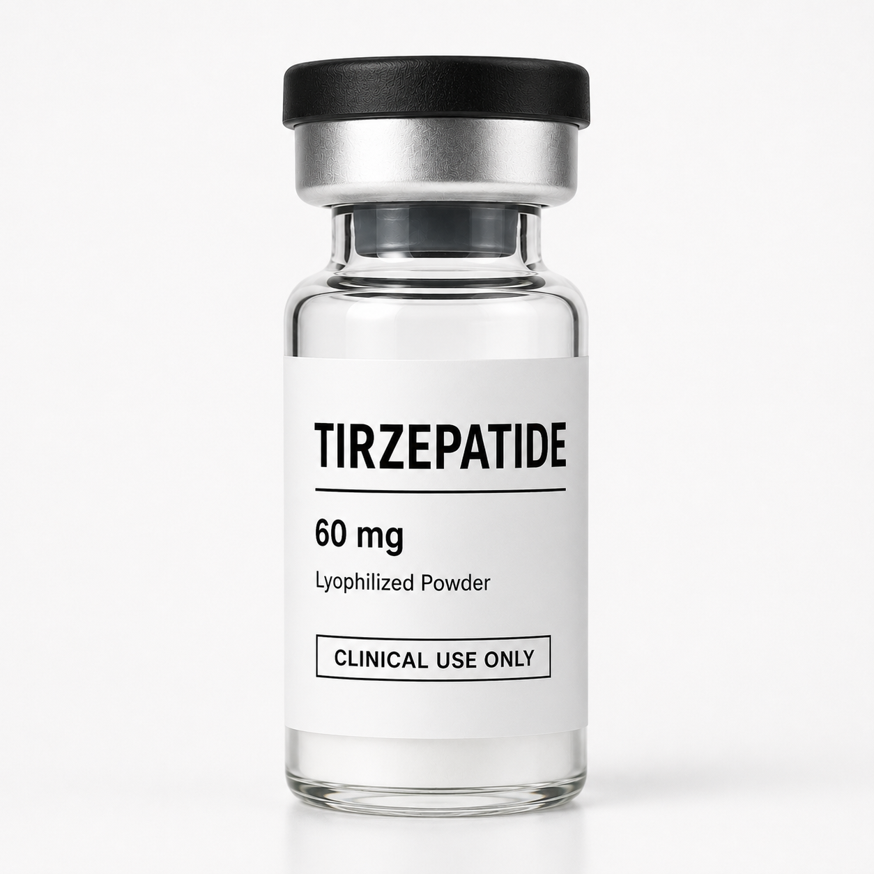 Clinical-use Tirzepatide 60 mg lyophilized powder vial used in physician-guided weight management programs.
