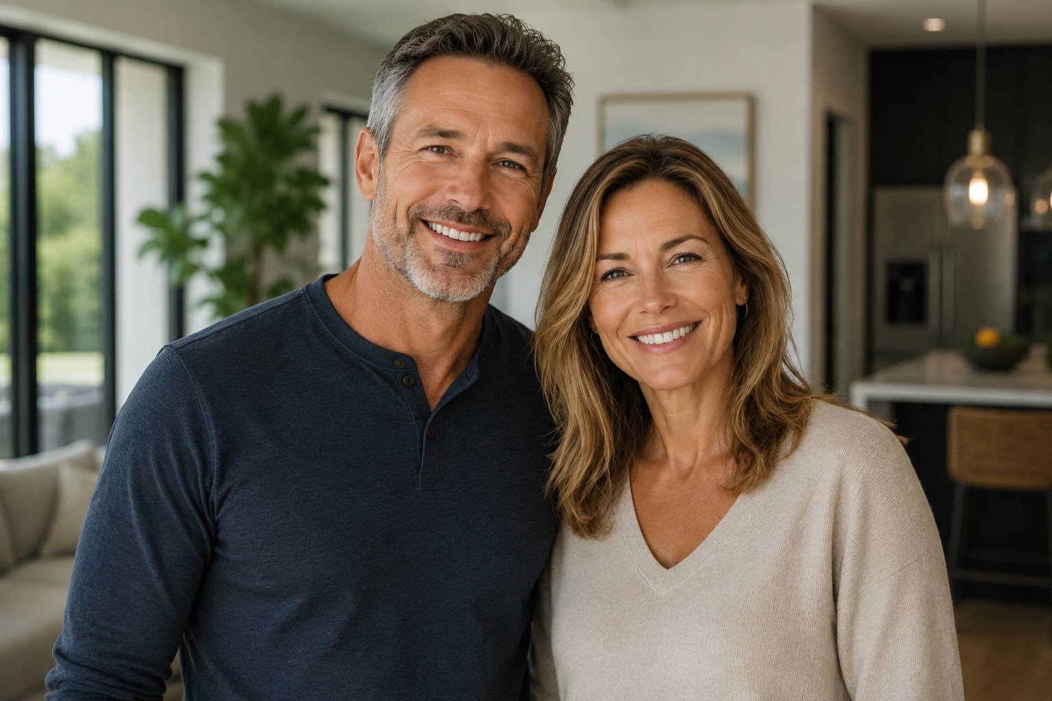 Happy, healthy man and woman in their 40s smiling together in a modern home, representing improved energy, confidence, and vitality through testosterone replacement therapy.